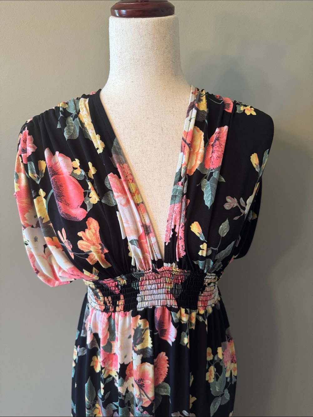 Emerald Black Maxi Dress with Pink, Coral & Green Floral Print Maternity - Picture 4 of 9